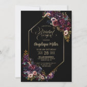パープルモダンブルゴーニュフローラブラックブライダルシャワー 招待状 (正面)