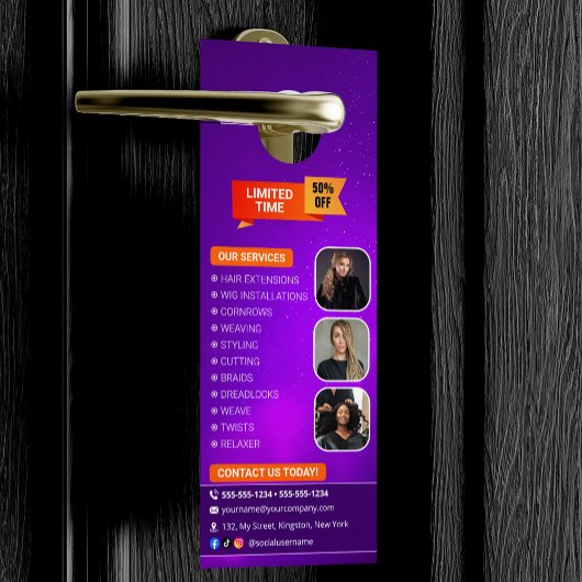 パープルモダンヘアスタイリスト美しいサロン美容師 ドアノブサイン