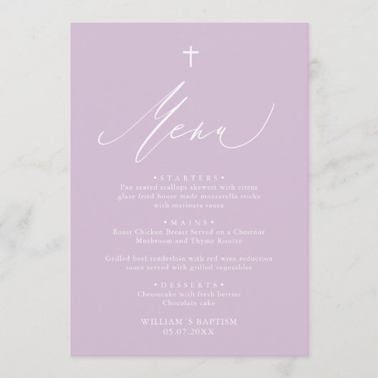 パープルモダンホワイトクロスガールバプテスミスメニューカード メニュー (正面)