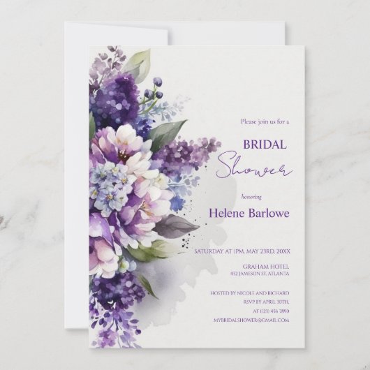 パープルモダンボタニカルエレガントブライダルシャワー 招待状 (正面)