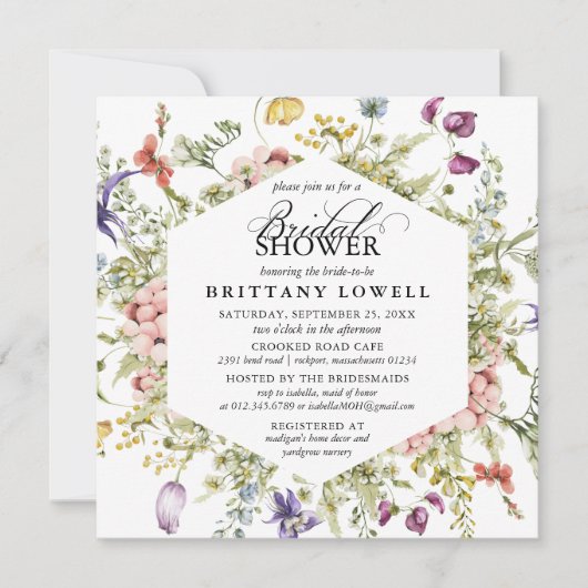 パープルモダンボタニカルワイルドフラワーブライダルシャワー 招待状 (正面)