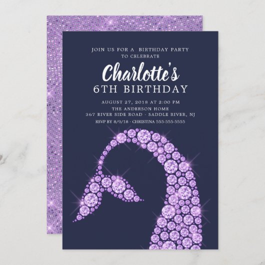 パープルモダンマーメイド誕生日招待状 招待状 (正面/裏面)
