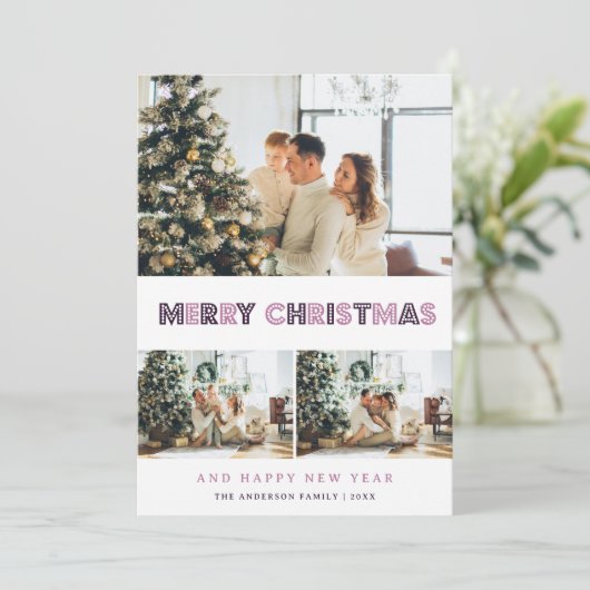 パープルモダンメリークリスマスフォト シーズンカード (スタンド正面)