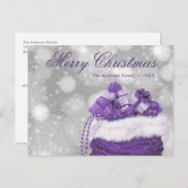 パープルモダンメリークリスマス雪のプレゼント シーズンポストカード (正面/裏面)