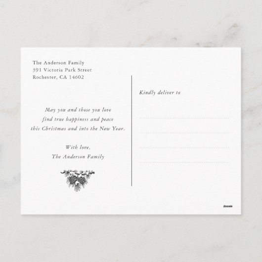 パープルモダンメリークリスマス雪のプレゼント シーズンポストカード (裏面)