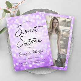 パープルモダンライツ写真甘い16パーティー 招待状