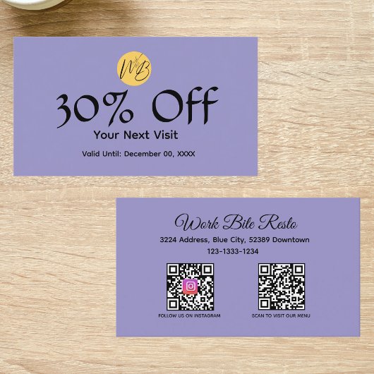 パープルモダンレストランQrコードメニューと 割引カード