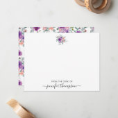 パープルモダン赤面フローラ水の色のスクリプトスワッシュ ノートカード (正面/裏面インサイチュ)