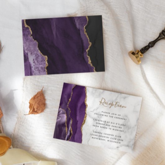 パープルモダン金ゴールドアゲート大理石ウェディングレセプション エンクロージャーカード