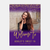 パープルモダン金ゴールドグリッターSweet 16フォトウェルカム アクリルサイン (正面)