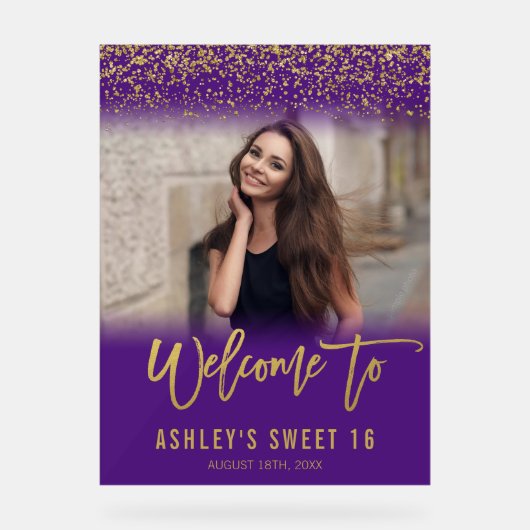 パープルモダン金ゴールドグリッターSweet 16フォトウェルカム アクリルサイン (正面)