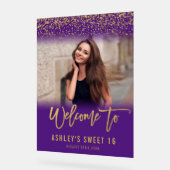 パープルモダン金ゴールドグリッターSweet 16フォトウェルカム アクリルサイン (傾斜)