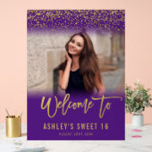 パープルモダン金ゴールドグリッターSweet 16フォトウェルカム アクリルサイン (ウェディング)