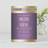 パープルモダン金ゴールドストライプズラグジュアリー結婚ズ 招待状 (スタンド正面)