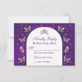 パープルモダン金ゴールドティアラバタフライキンセアニラ 出欠カード (正面)