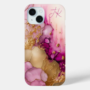 パープルモダン金ゴールドマーブルモノグラムパーソナライズされた iPhone 15ケース