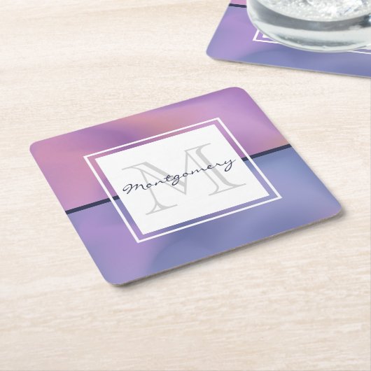 パープルモダン&ピンク渦巻き抽象芸術モノグラム スクエアペーパーコースター (アングル)