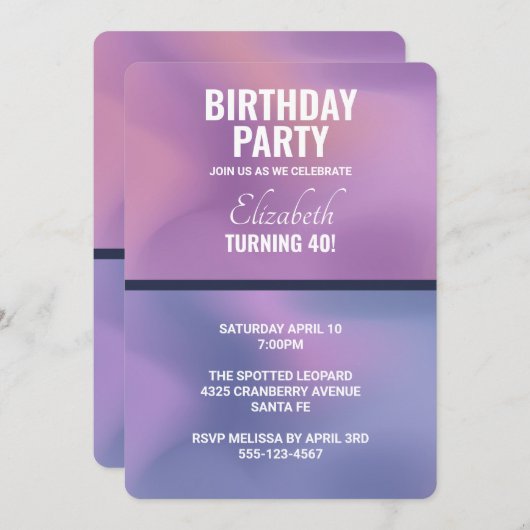 パープルモダン&ピンク渦巻き抽象芸術誕生日 招待状 (正面/裏面)
