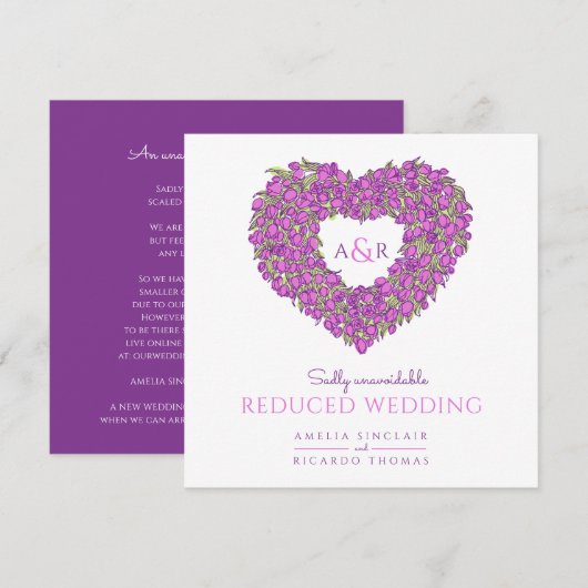パープルモノグラムのチューリップがハート型に並んだ、結婚式の縮小のお知らせ 案内状 (正面/裏面)