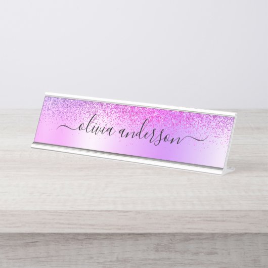 パープルモノグラムグリッタースパークルガーリースクリプト デスクネームプレート (正面)