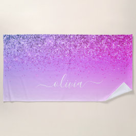 パープルモノグラムグリッタースパークルガーリースクリプト ビーチタオル