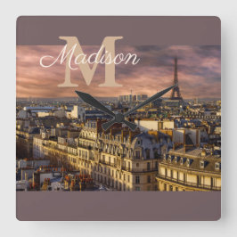 パープルモノグラムパリフランスエッフェルタワー写真 スクエア壁時計