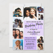 パープルモノグラムフォトコラージュハッピーバースデー 招待状 (正面)