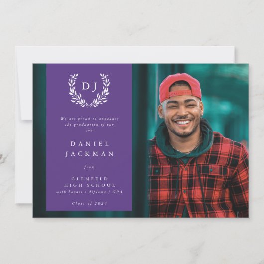 パープルモノグラムローレルリース卒業写真 案内状 (正面)