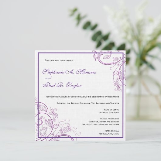 パープルモノグラム結婚式招待状 招待状 (スタンド正面)