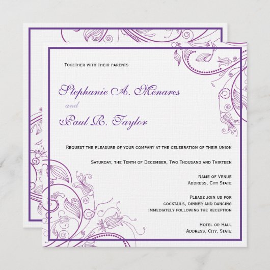 パープルモノグラム結婚式招待状 招待状 (正面/裏面)