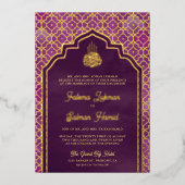 パープルモロッコアーチムスリム結婚ズ金ゴールド 箔招待状 (正面)