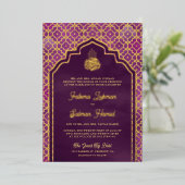 パープルモロッコアーチムスリム結婚ズ金ゴールド 箔招待状 (立ち正面)