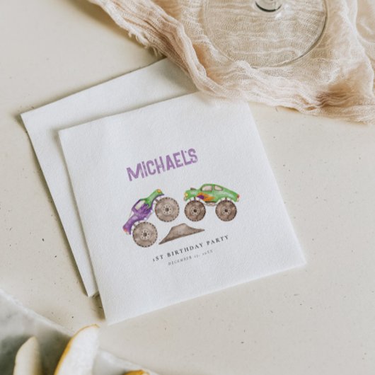 パープルモンスタートラックバッシュ誕生日 スタンダードランチョンナプキン