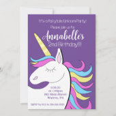 パープルユニコーンかわいらしユニコーンファンタジー誕生日 招待状 (正面)