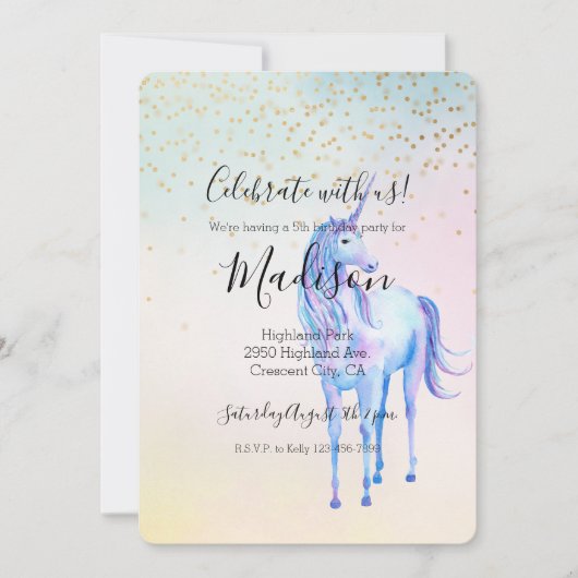 パープルユニコーンアクアピンクイエロー金ゴールド紙吹雪 招待状 (正面)