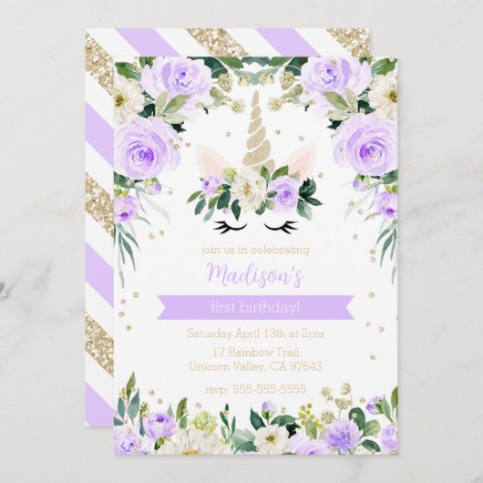 パープルユニコーンガーリー誕生日 招待状 (正面/裏面)