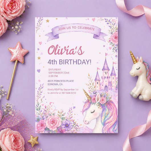 パープルユニコーンガールズ4歳の誕生日 招待状