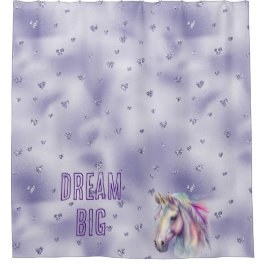 パープルユニコーングリッターハート シャワーカーテン