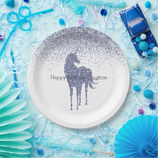 パープルユニコーングリッター パーソナライズされた ペーパープレート (パーティー)