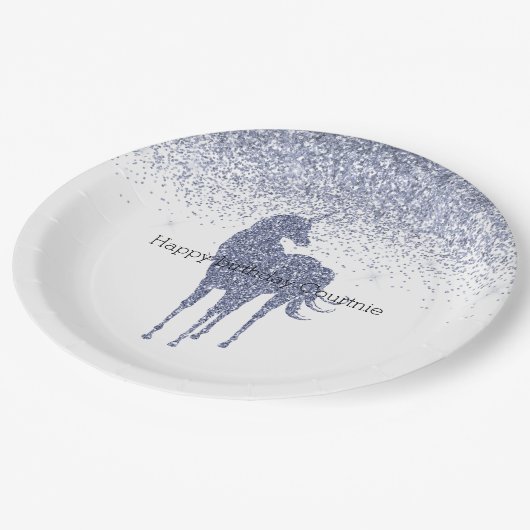 パープルユニコーングリッター パーソナライズされた ペーパープレート (アングル)