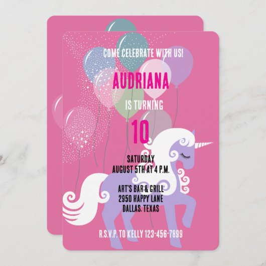 パープルユニコーンスターズ誕生日 招待状 (正面/裏面)