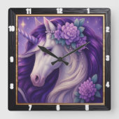 パープルユニコーンフローラファンタジー スクエア壁時計 (正面)