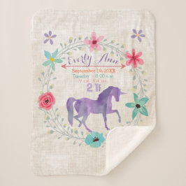 パープルユニコーンベビーガール統計ウォーターカラーリース シェルパブランケット