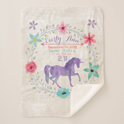 パープルユニコーンベビーガール統計ウォーターカラーリース シェルパブランケット (正面)