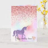 パープルユニコーンレインボーピンクグリッタースパークルハート カード (黄色い花)