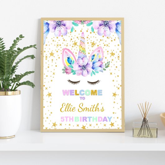 パープルユニコーン誕生日パーティー歓迎サイン ポスター