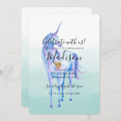 パープルユニコーン金ゴールドグリッターハートミントウォーター色 招待状 (正面/裏面)