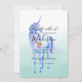 パープルユニコーン金ゴールドグリッターハートミントウォーター色 招待状 (正面)