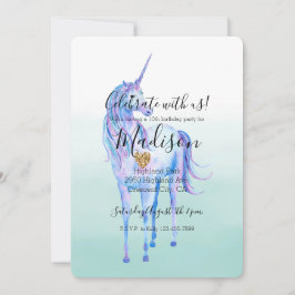パープルユニコーン金ゴールドグリッターハートミントウォーター色 招待状