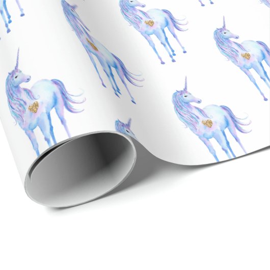 パープルユニコーン金ゴールドグリッターハート ラッピングペーパー (ロールコーナー)